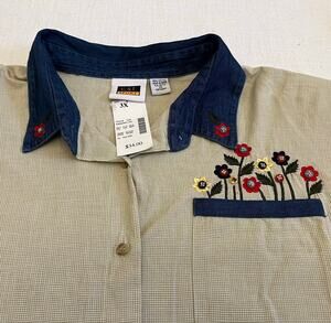VTG CST Sport Shirt Womens 3X NWT Shoulder Pads Denim Collar Floral Gingham